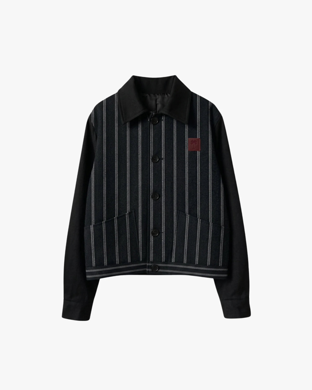 Black pinstripe jacket with stand collar, button front, and red logo patch