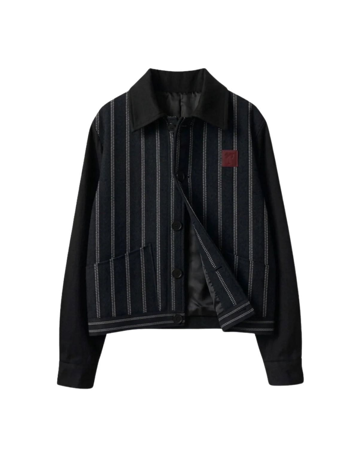 Black pinstripe jacket with stand collar, button front, and diagonal pocket detail