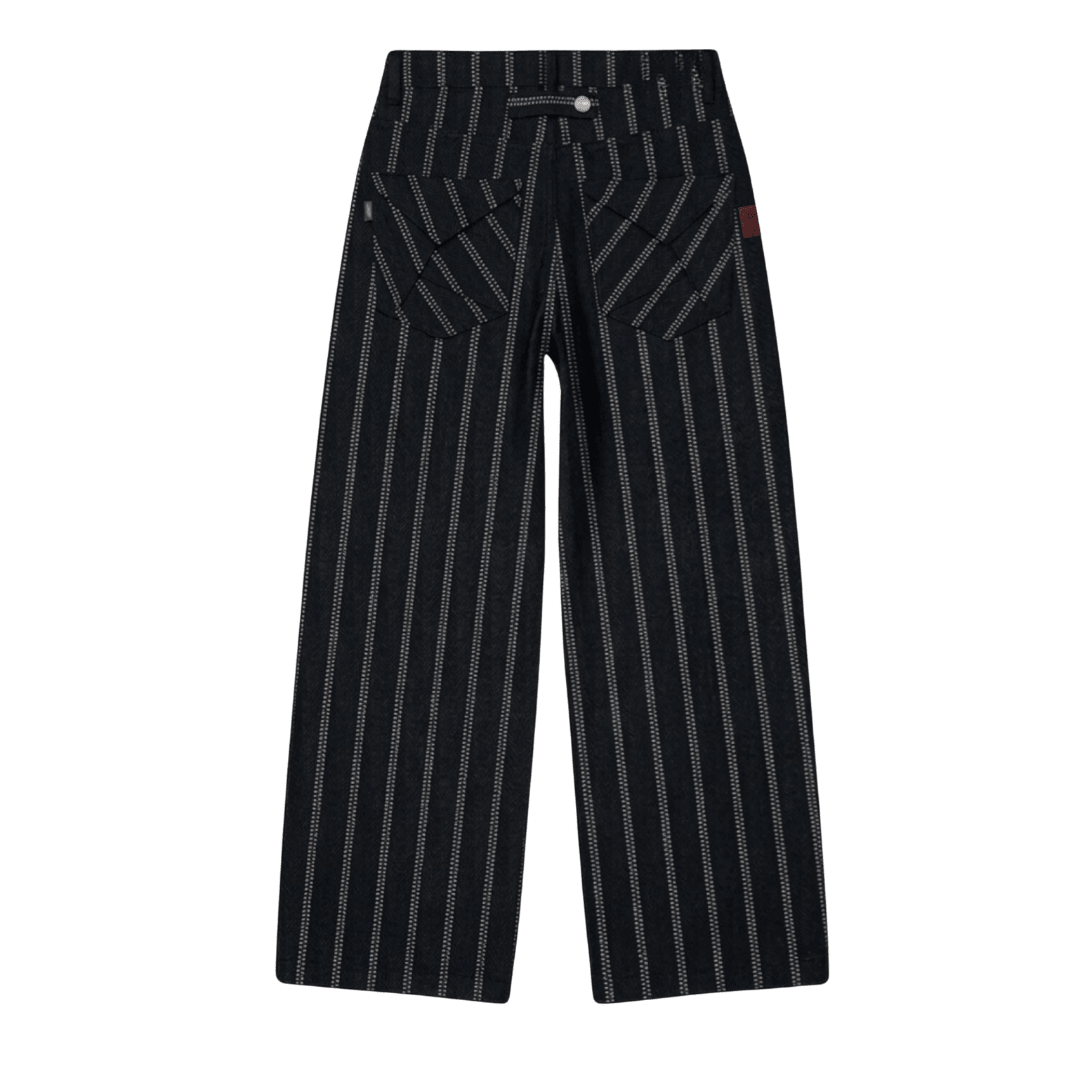 Dark pinstripe wide-leg pants with button fly and front pockets