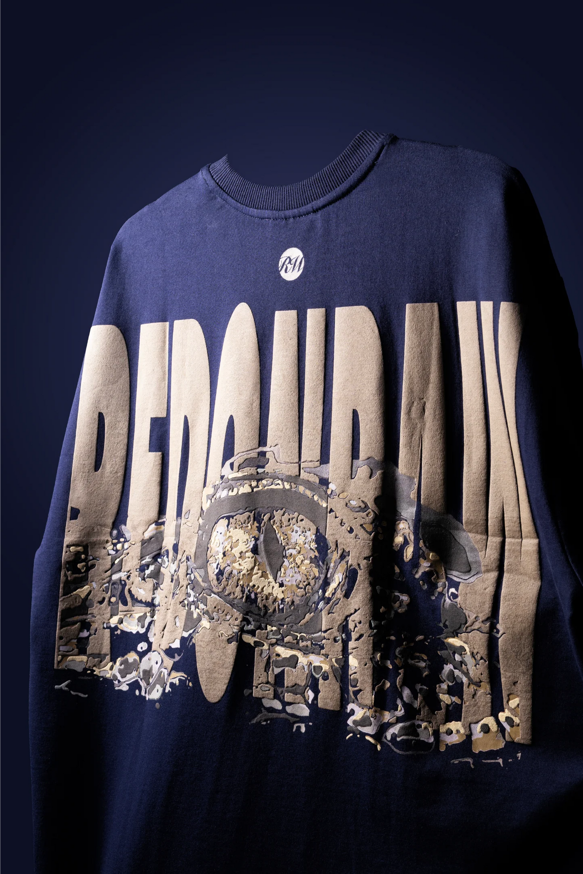 Dark navy graphic T-shirt front with 'Redonraw' lettering and central mechanical art
