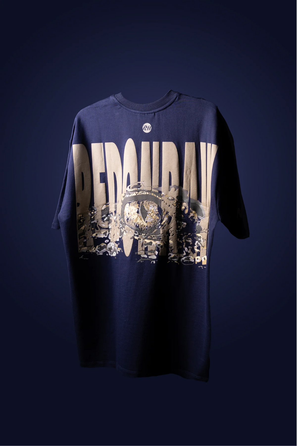 Dark navy graphic T-shirt with large 'Redonraw' text and central artwork