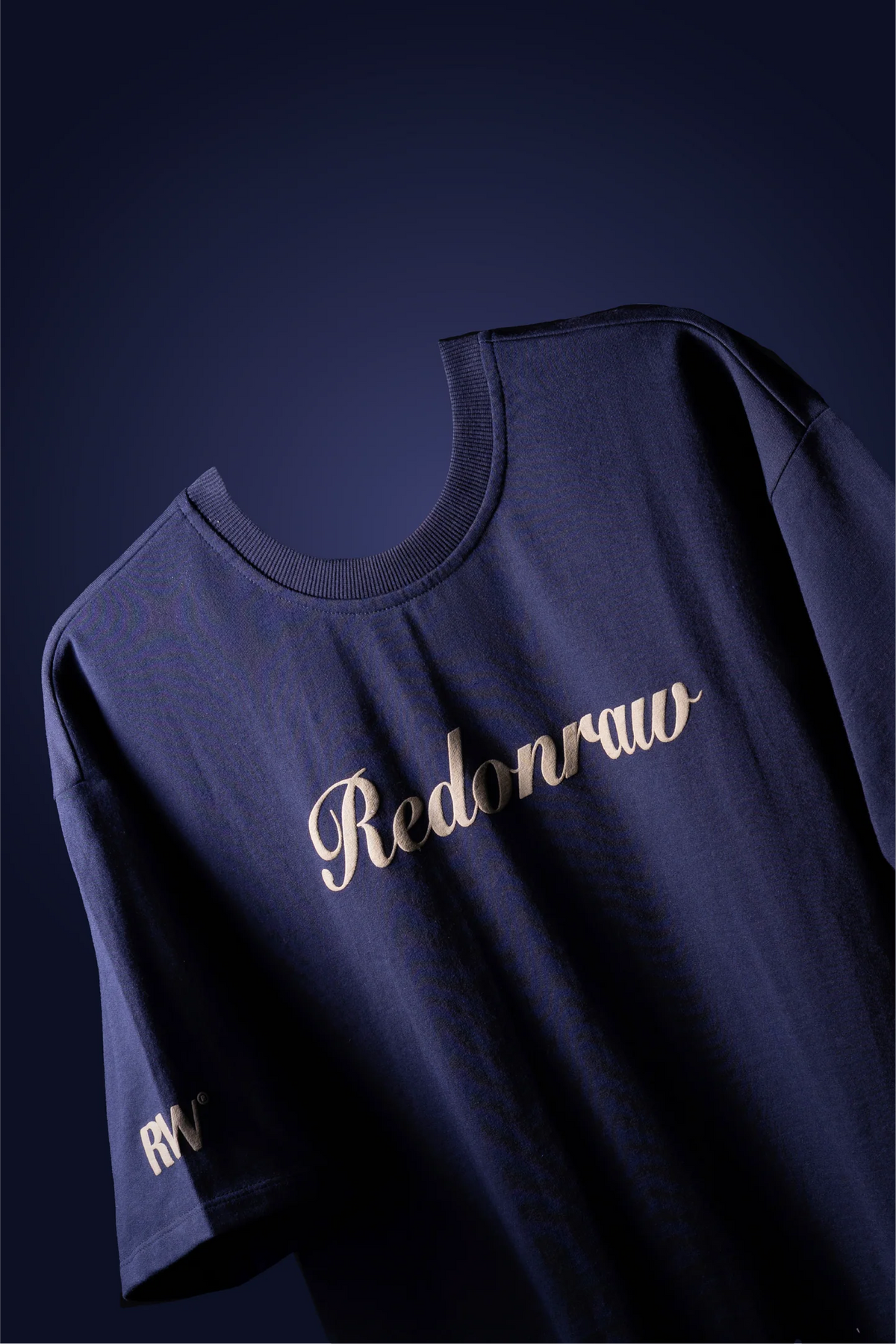 Dark navy T-shirt with 'Redonraw' chest logo, crew neck and RW sleeve mark