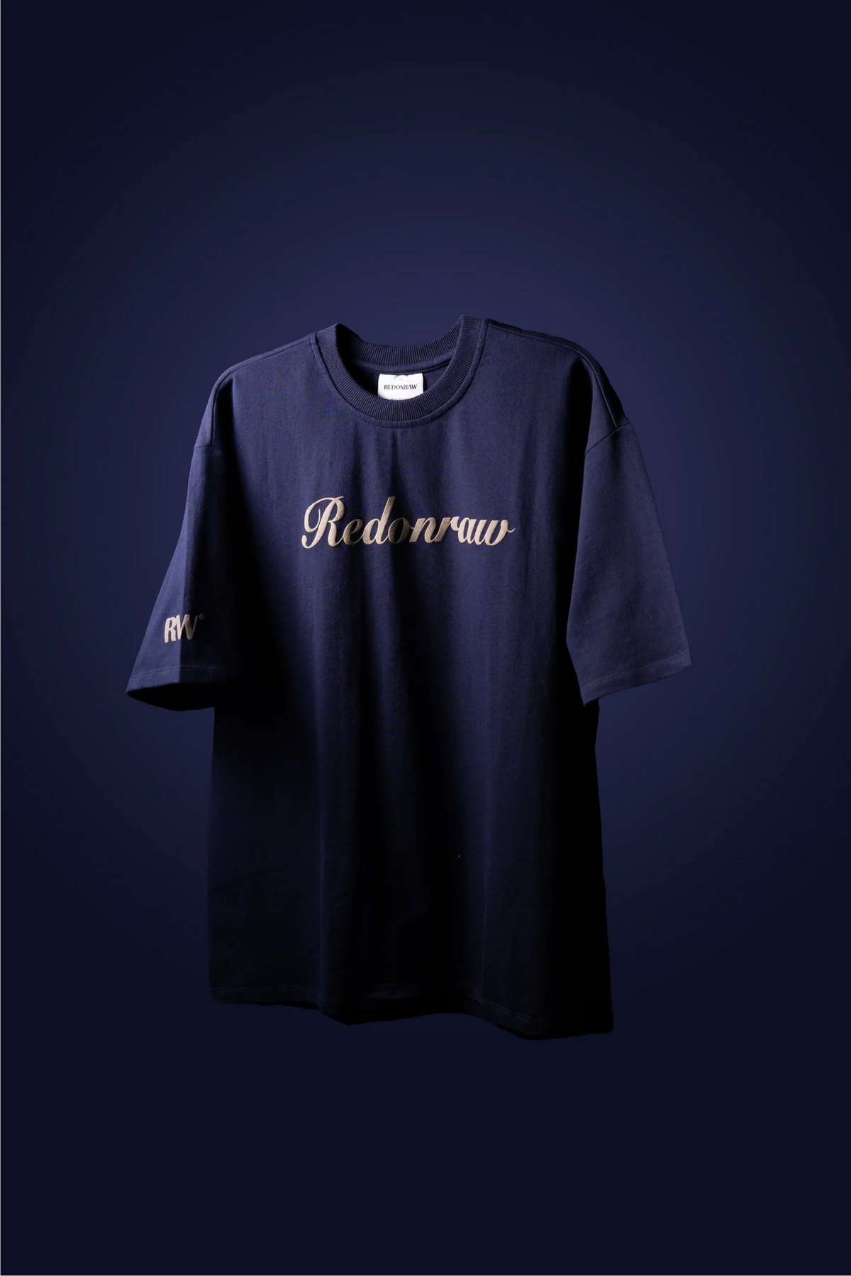 Dark navy T-shirt with 'Redonraw' cursive front print and RW logo on sleeve
