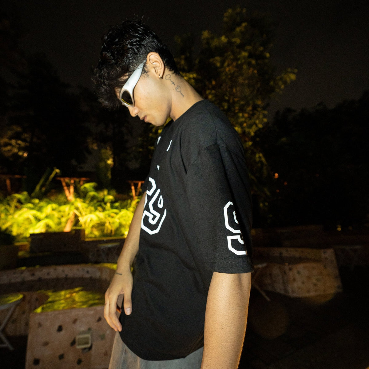 Black crew jersey T-shirt with white '69' front graphic and OG/TK sleeve prints