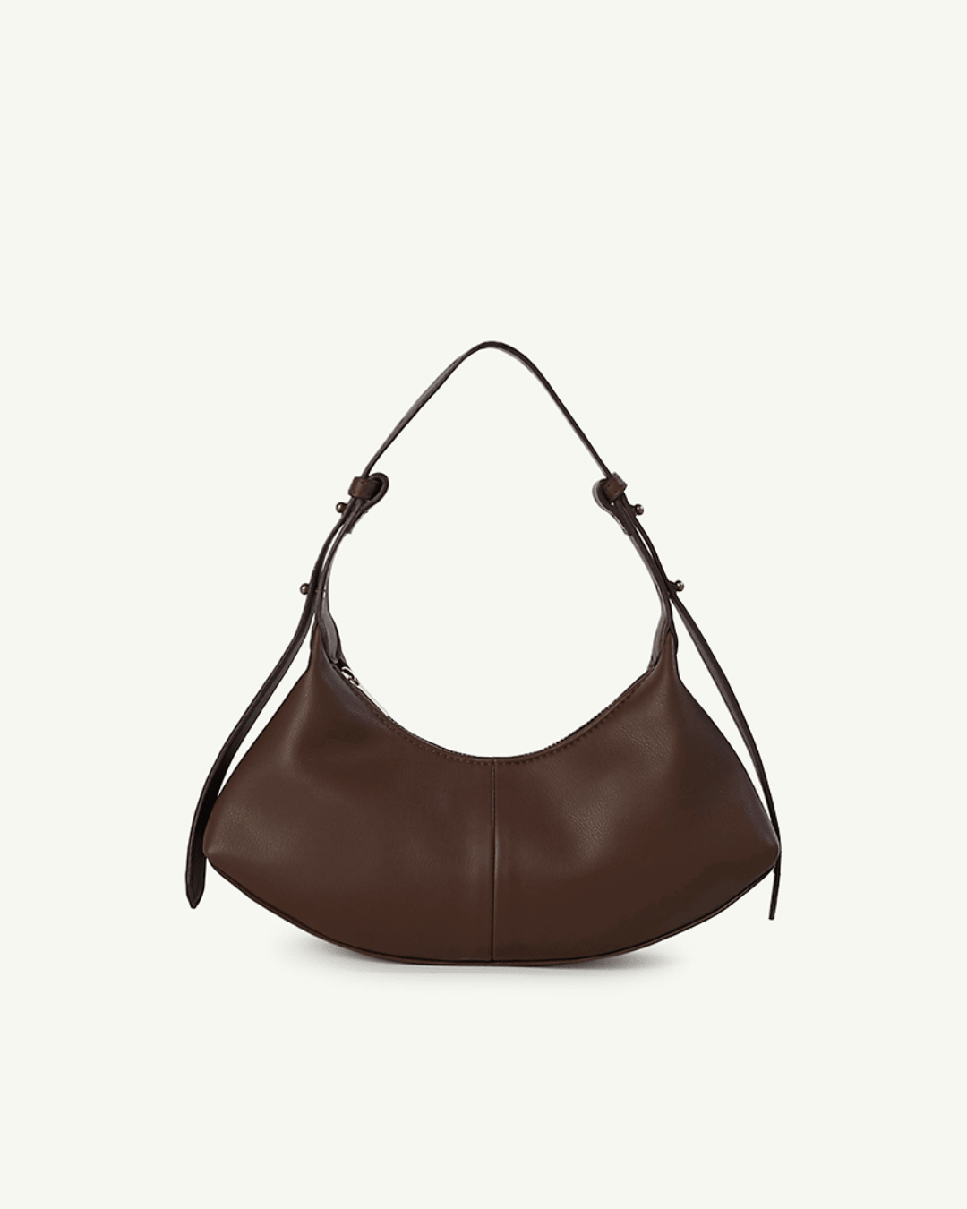 Brown hobo bag front view with top handles, center seam, and side pockets.