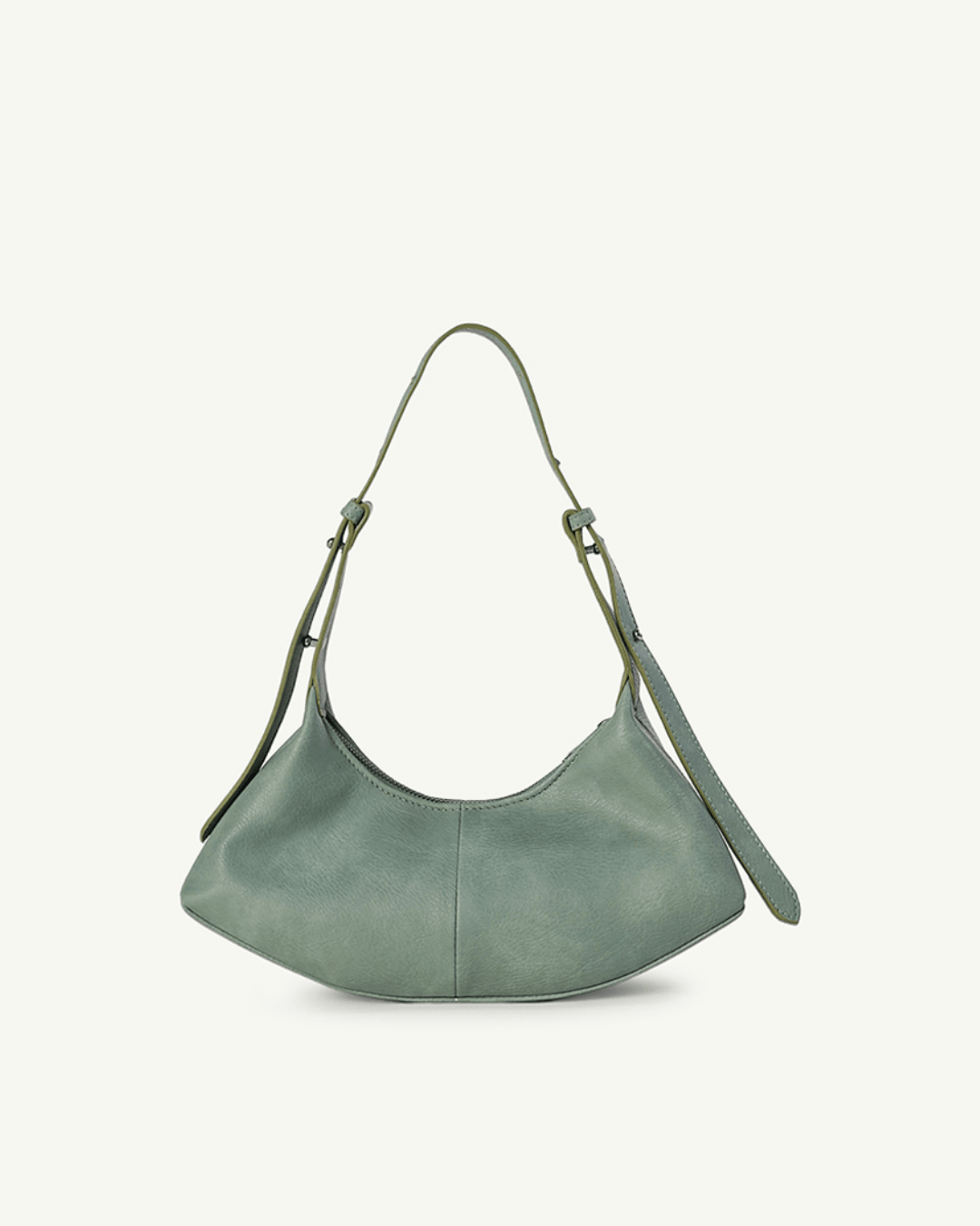 Sage green leather hobo bag with long handles and curved front panel