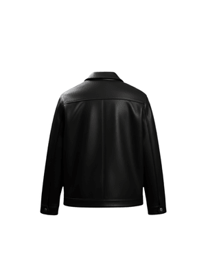 Black leather jacket, back view, stand collar and zipper