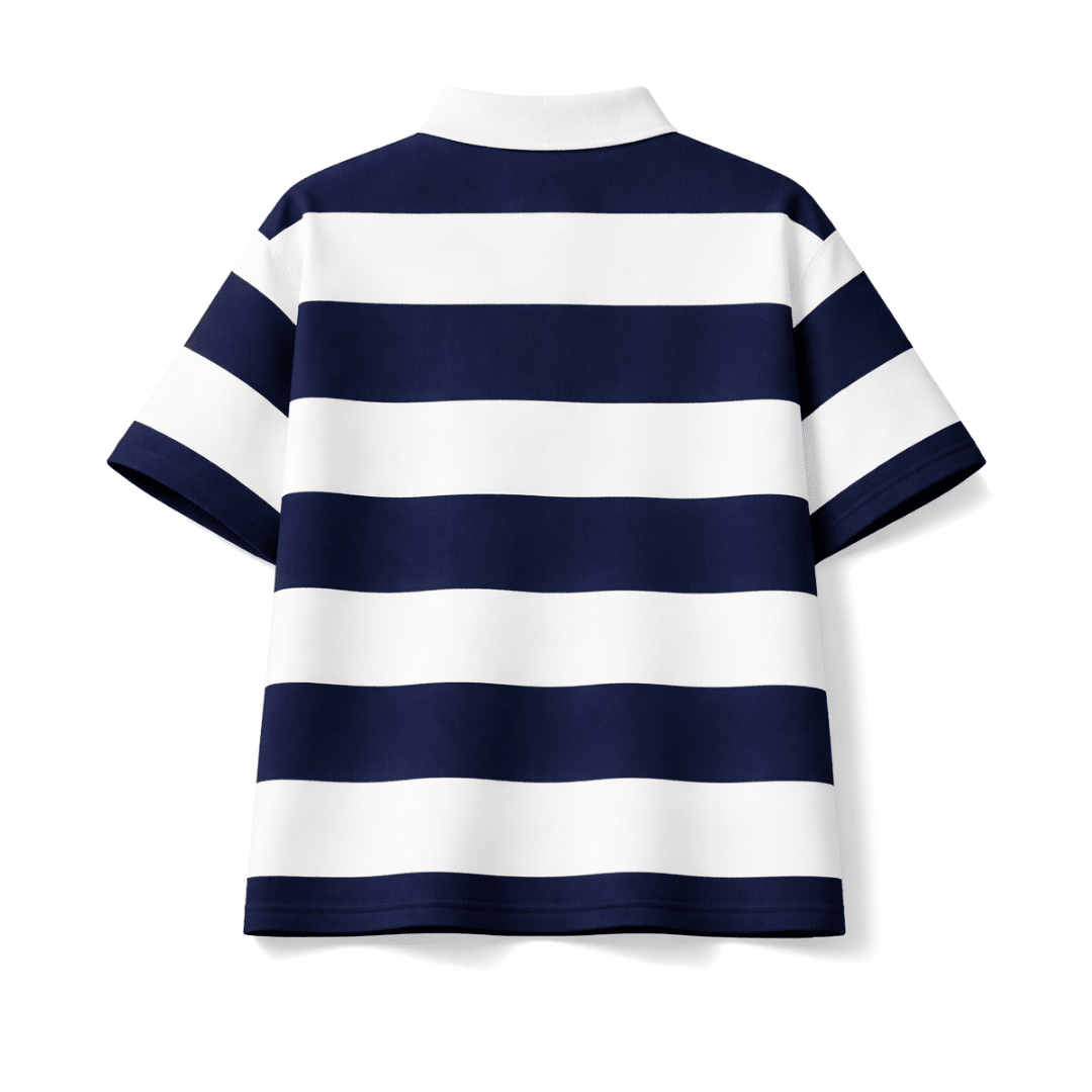 Navy and white striped polo tee, back view with ribbed collar
