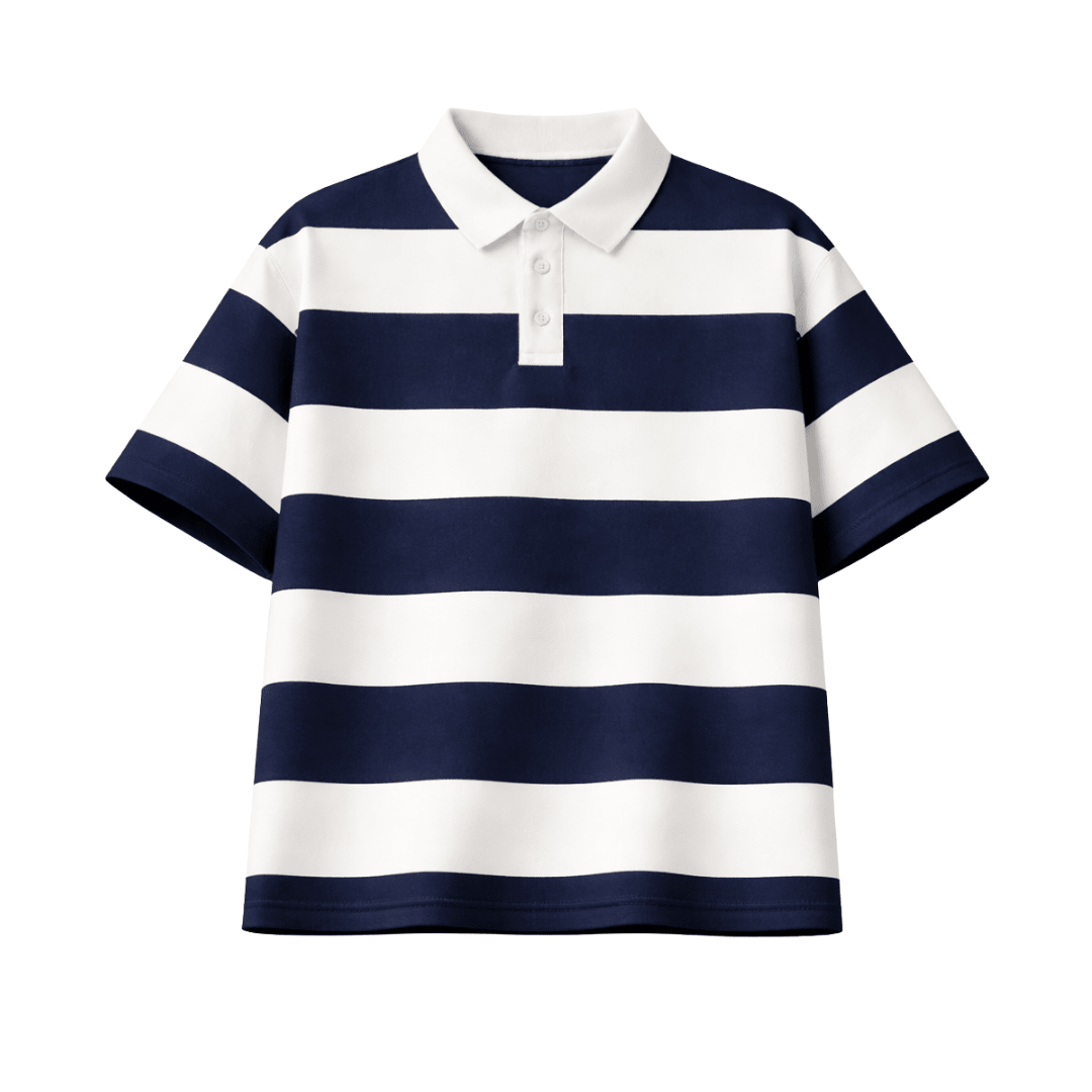 Navy and white striped polo tee with button placket and short sleeves