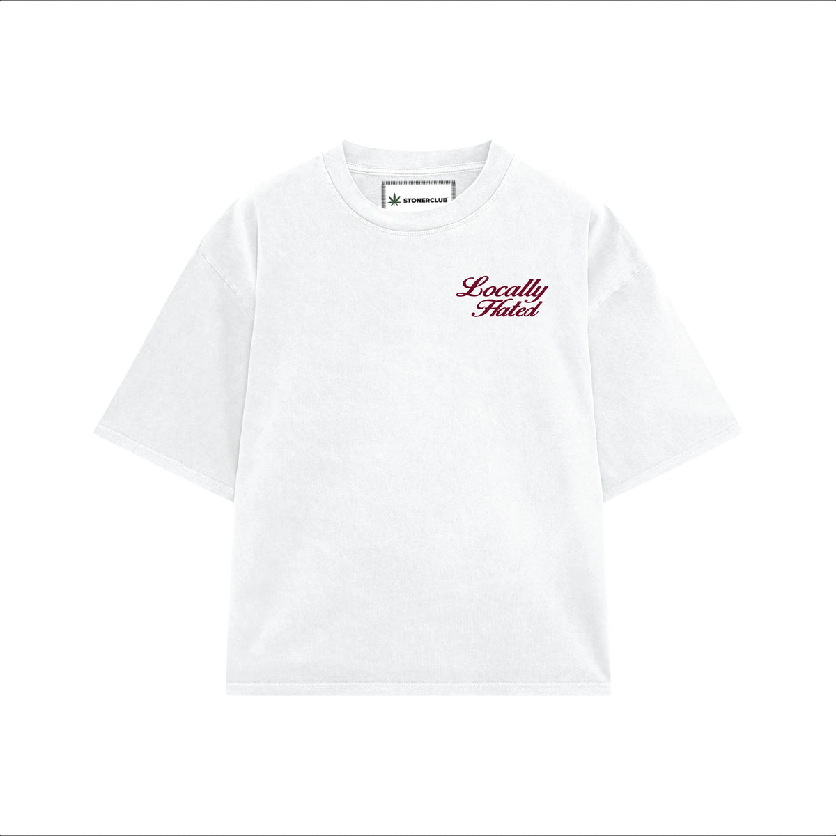 White t-shirt with small red chest logo and circular neck label