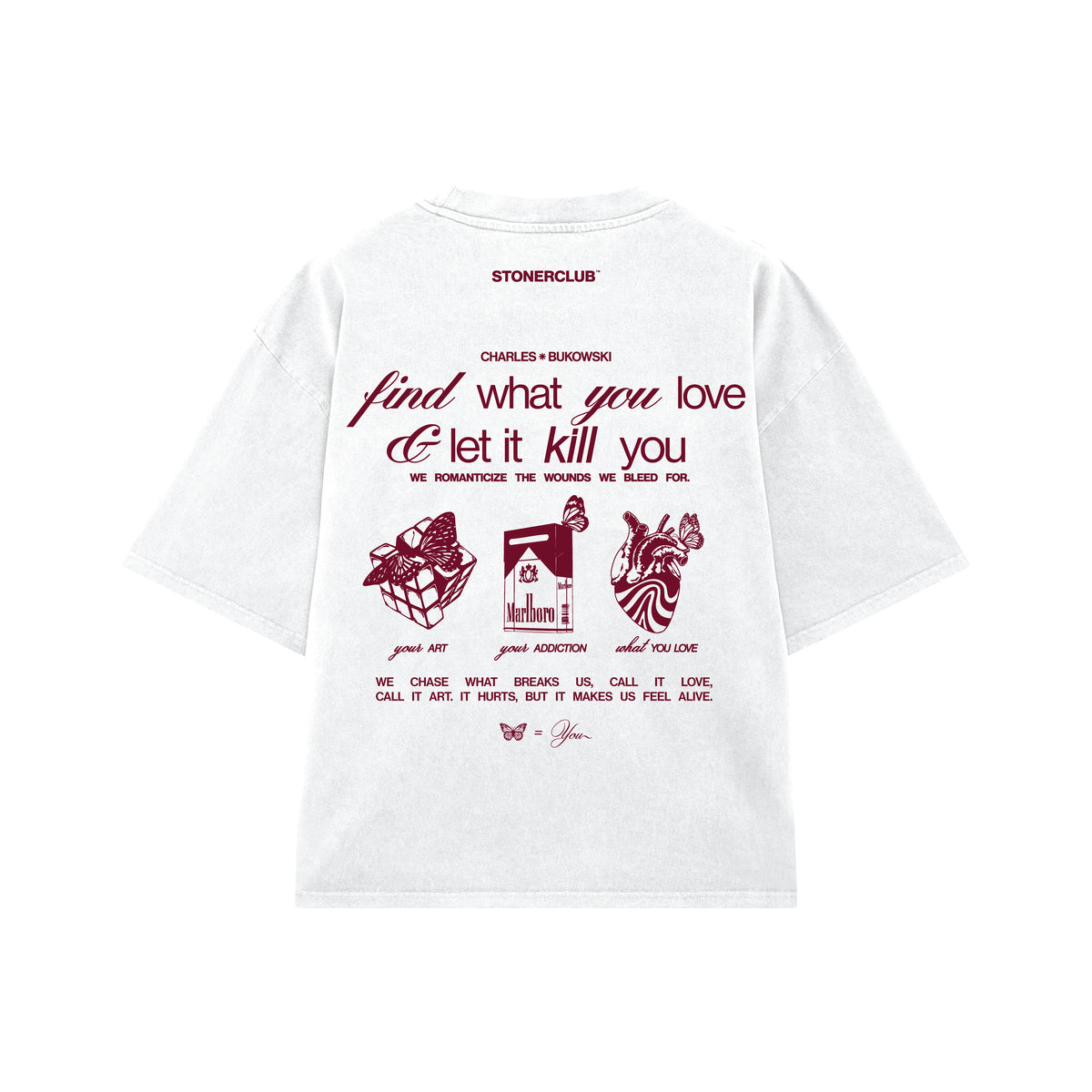 White graphic t-shirt with back text and red art illustration print
