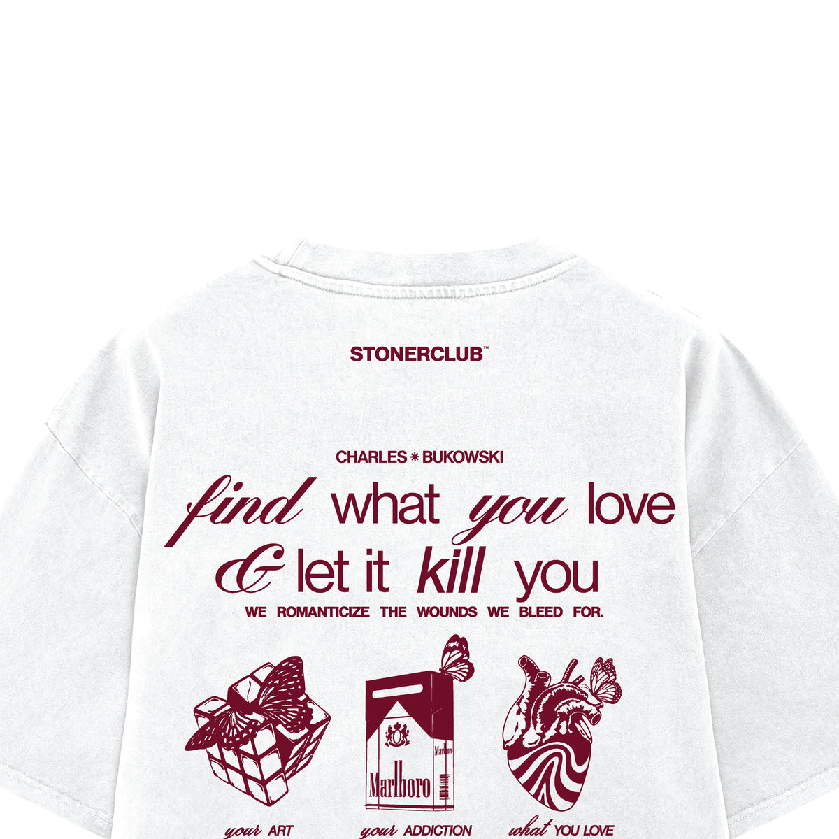 White graphic t-shirt with centered back print featuring red quotes and symbols