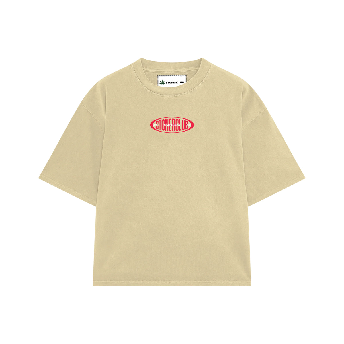 Tan short-sleeve graphic T-shirt with small red front logo, crew neck.