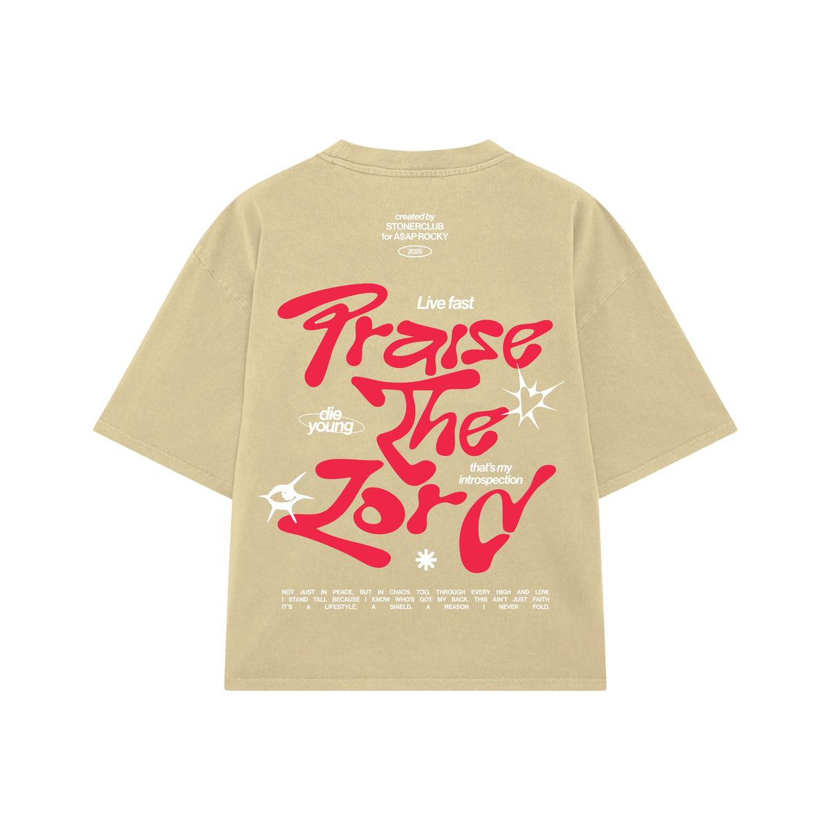 Tan short-sleeve graphic T-shirt with red back lettering 'Praise the Lord' and stars.