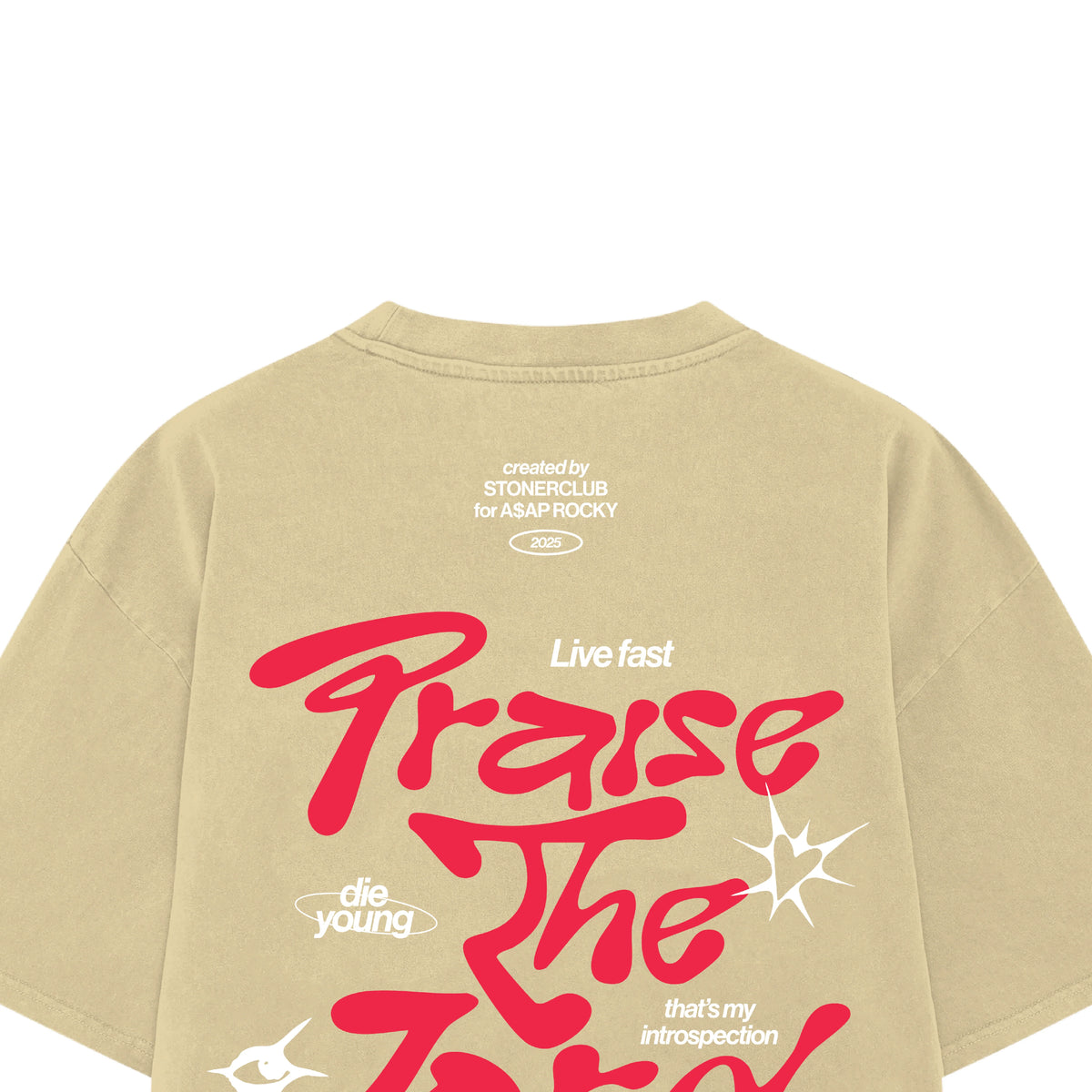 Tan crew-neck graphic T-shirt with red 'Praise the Lord' back print and small white text.