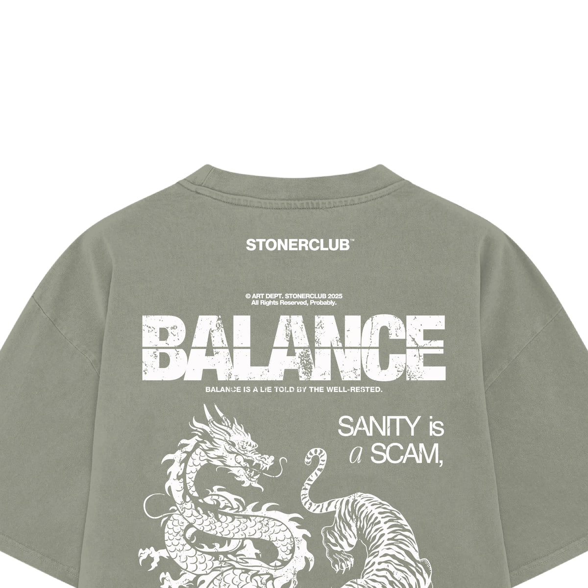 Olive crewneck graphic t-shirt, back print shows big 'BALANCE' and 'SANITY is a SCAM'