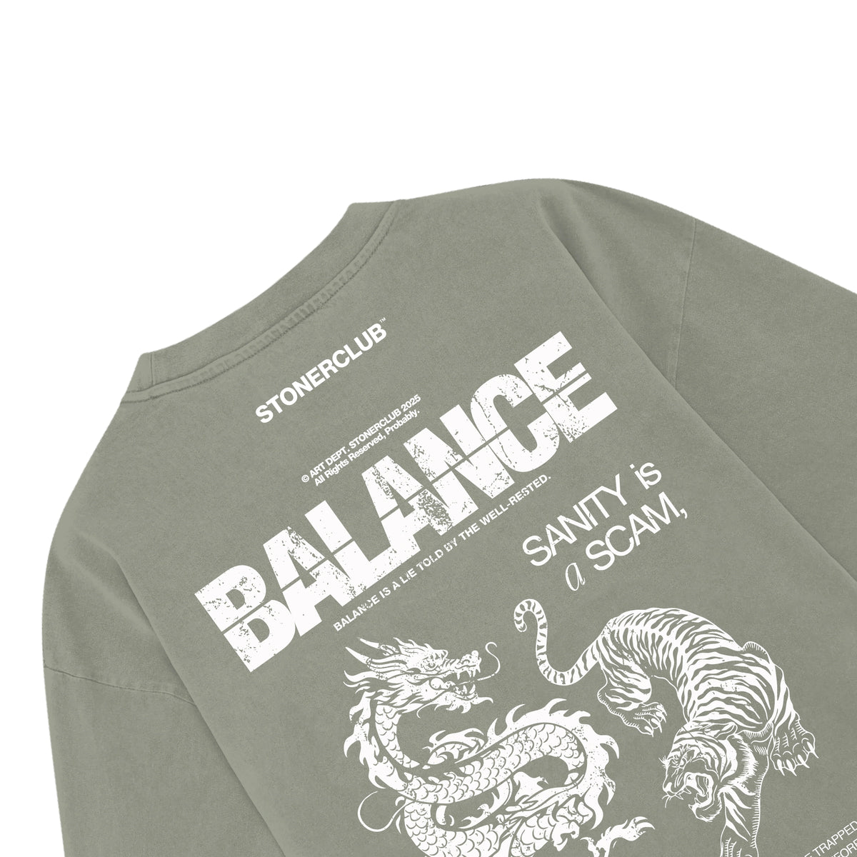 Olive crewneck graphic t-shirt, back print close-up with 'BALANCE' and dragon/tiger