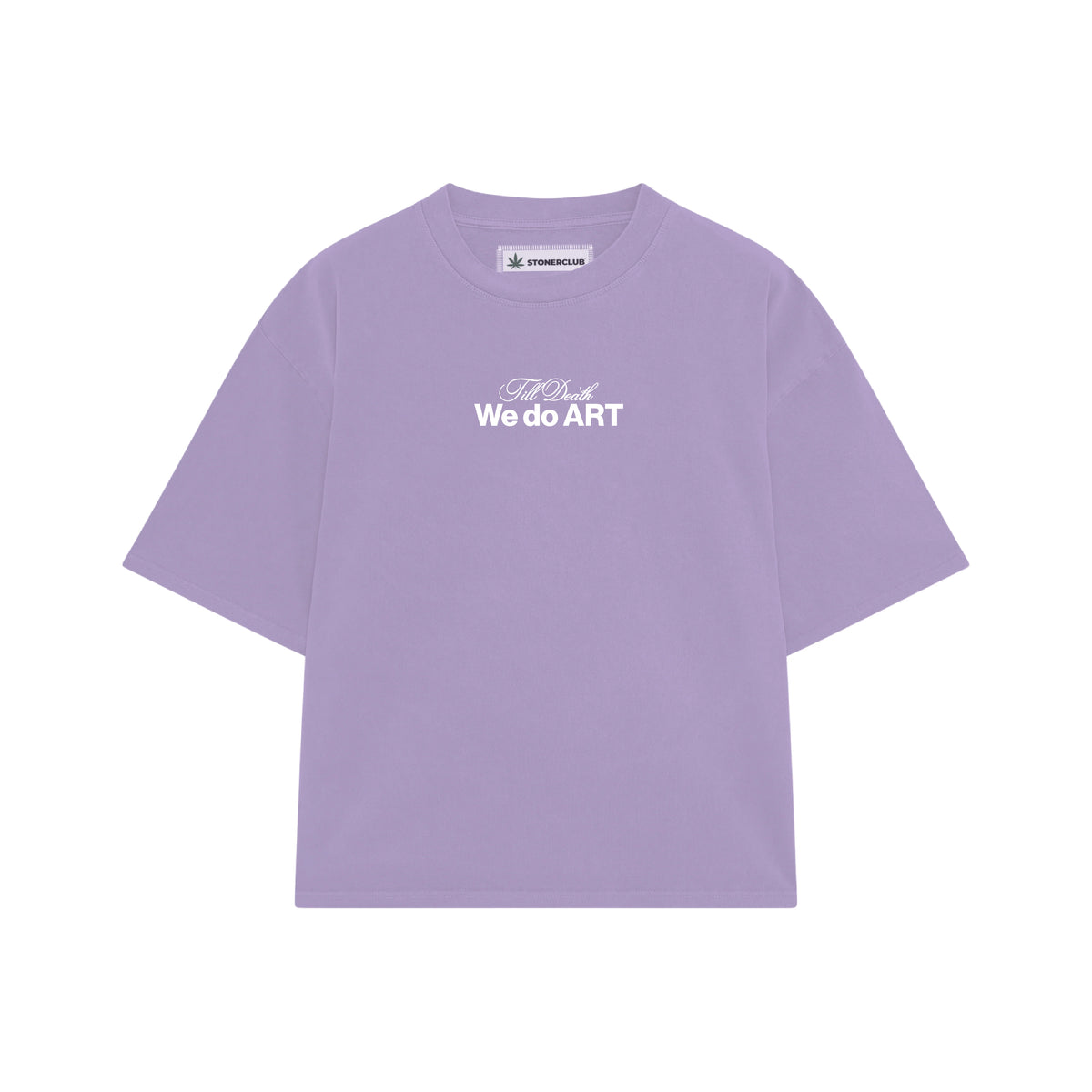 Lavender T-shirt with small front logo and text "We do ART"