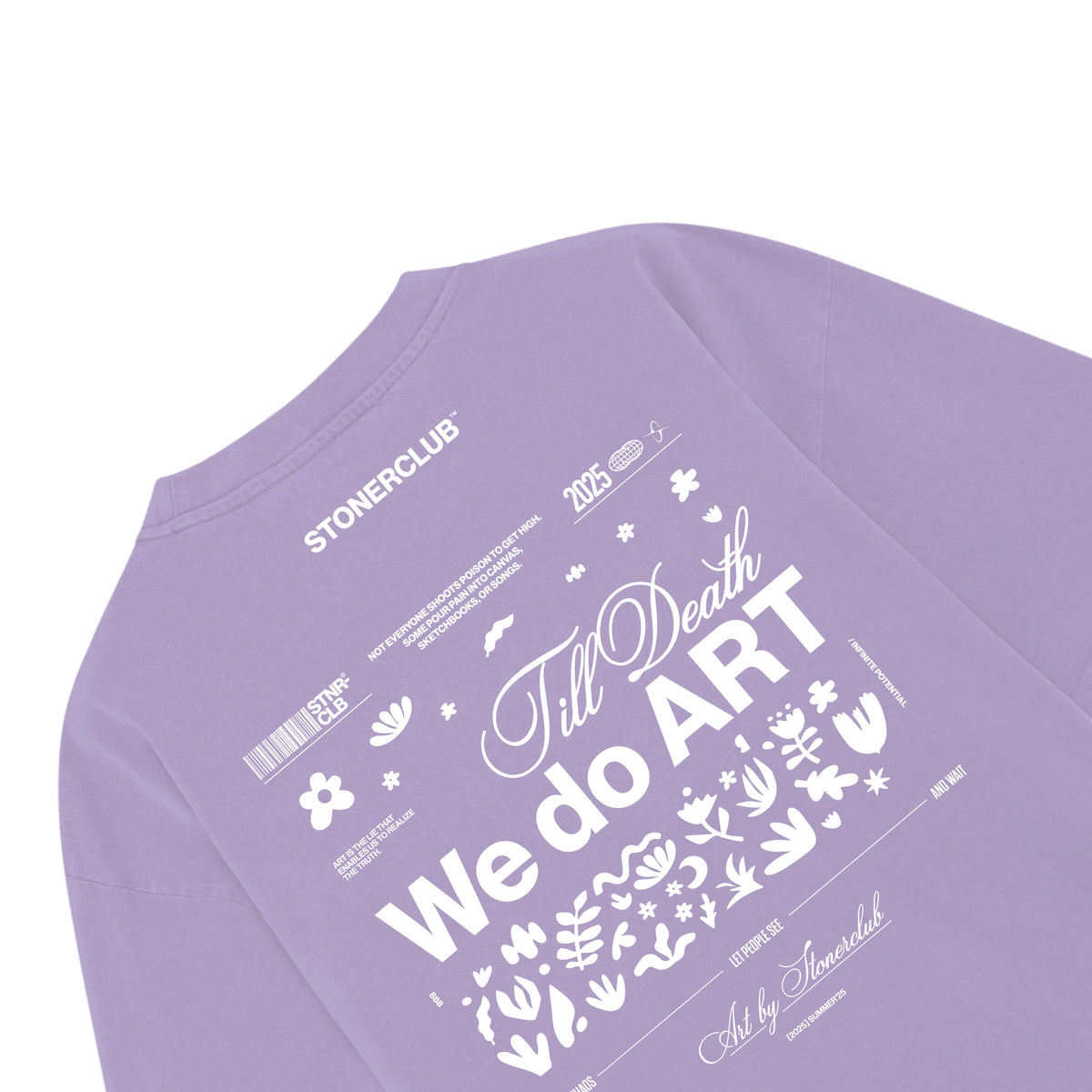 Lavender T-shirt with close-up back graphic "We do ART" and "Till Death"