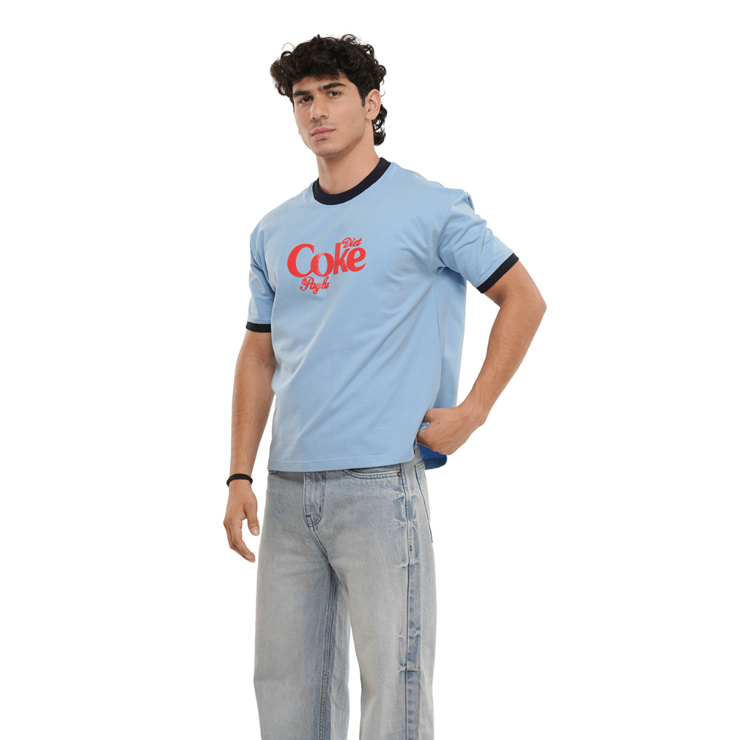 Light blue crew-neck T-shirt with black trim and red front print, relaxed fit