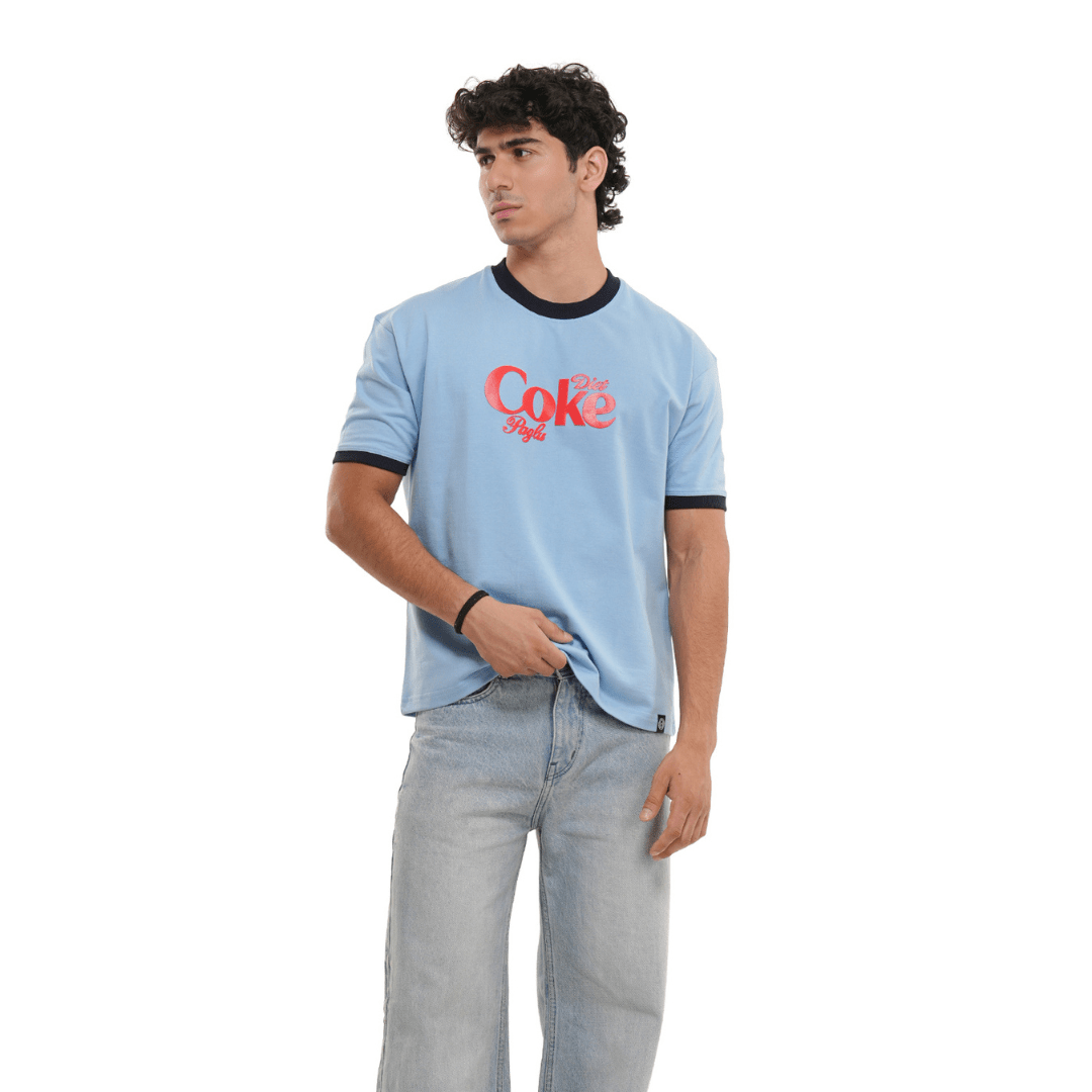 Light blue crew-neck T-shirt with black trim and red Coke logo graphic