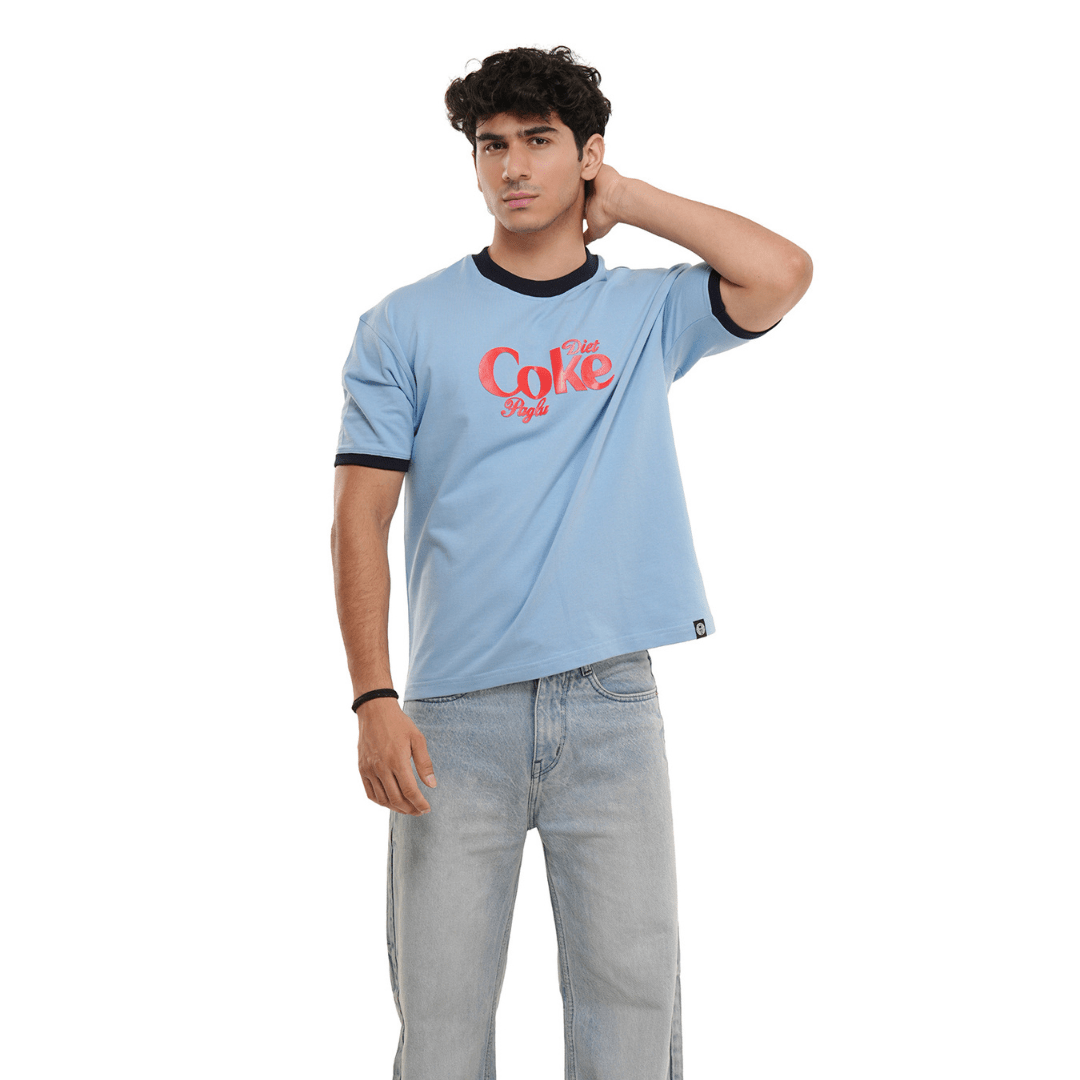 Light blue crew-neck T-shirt, black collar trim, red front logo graphic