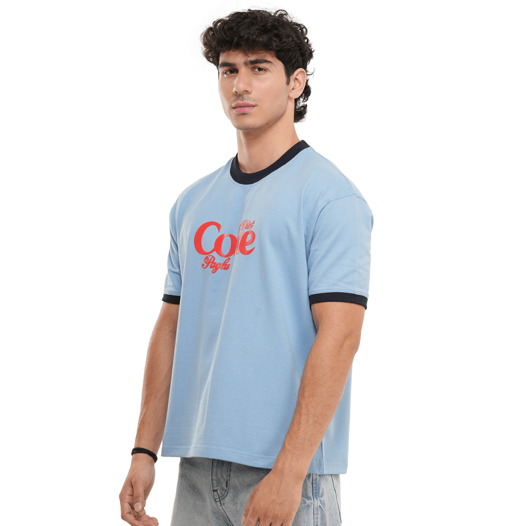 Light blue crew-neck T-shirt, red Coke logo on chest, black collar and cuffs