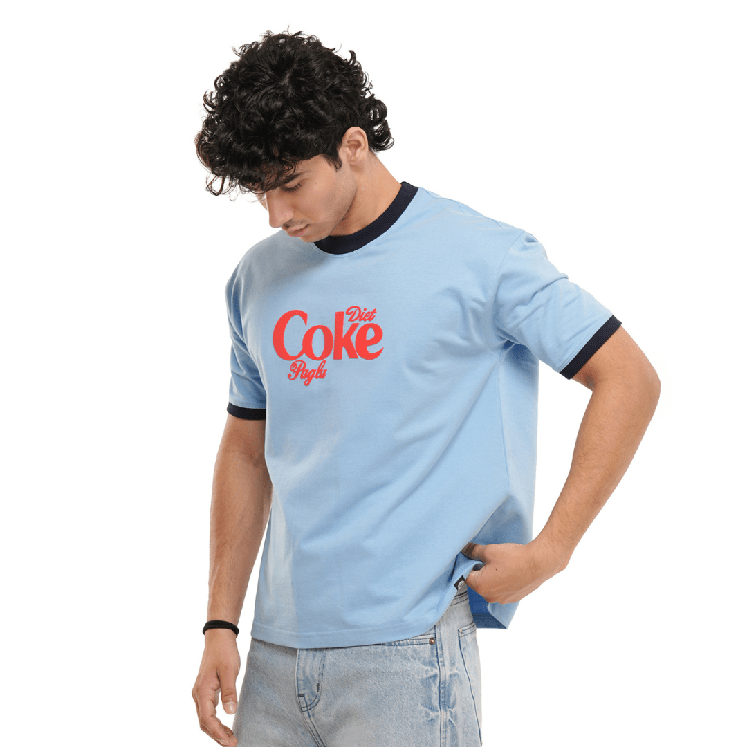 Light blue crew-neck T-shirt with black trim and red logo graphic, side pose