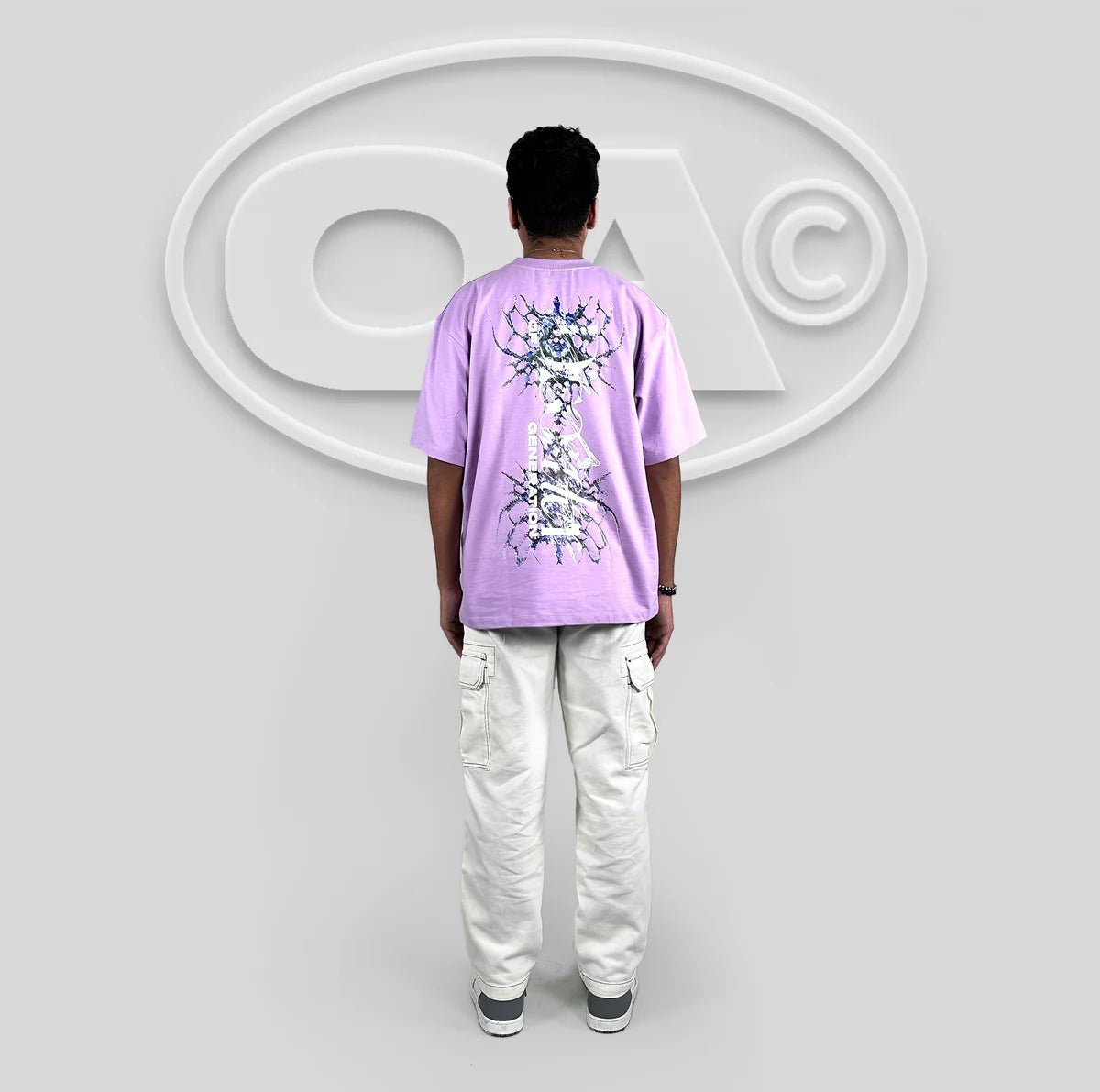 Lavender T-shirt with large back abstract graphic illustration