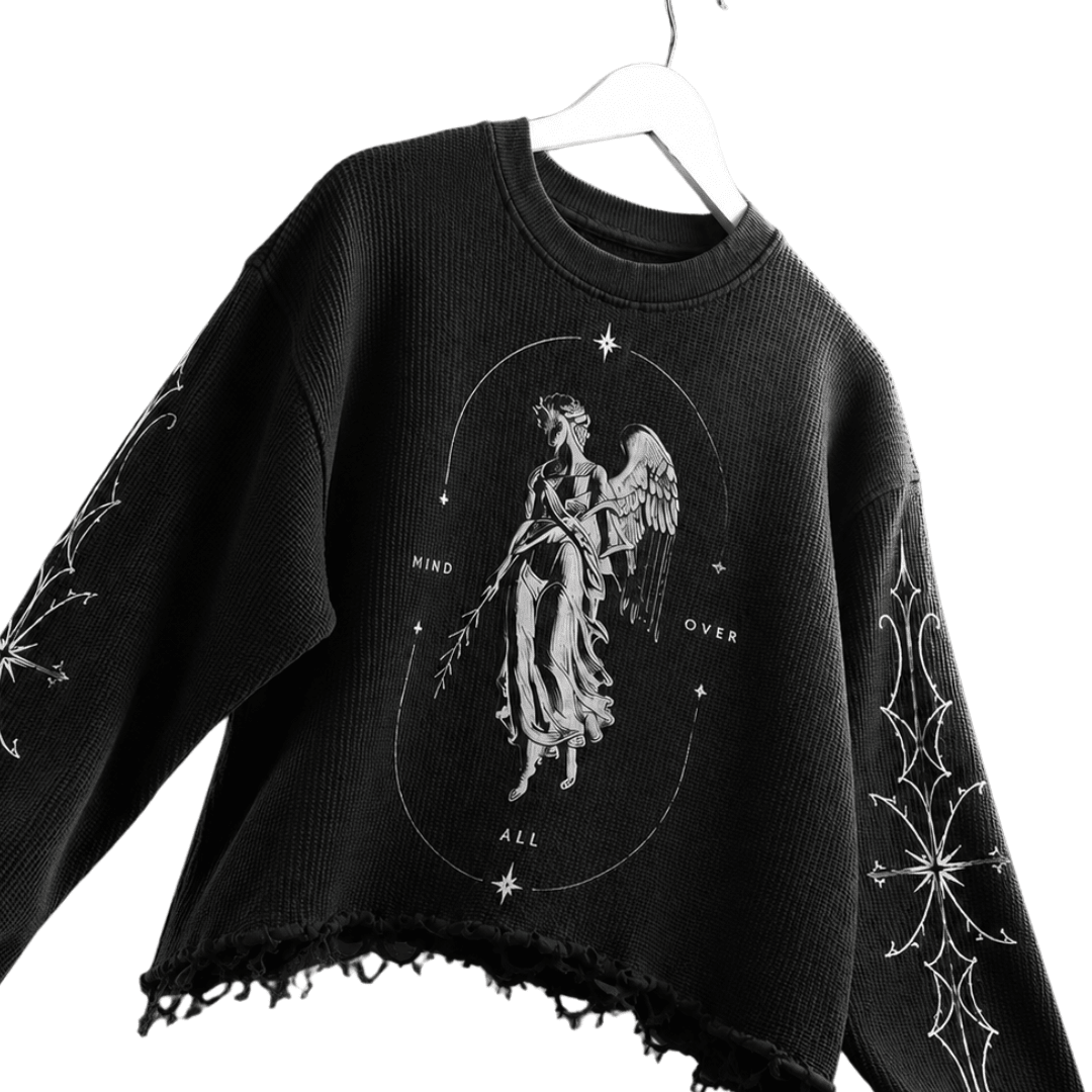 Black waffle-knit sweatshirt with angel oval print and fringed cropped hem