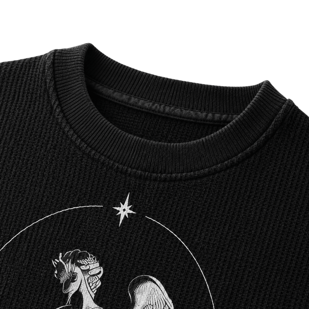 Black waffle-knit sweatshirt neckline with ribbed collar and star detail