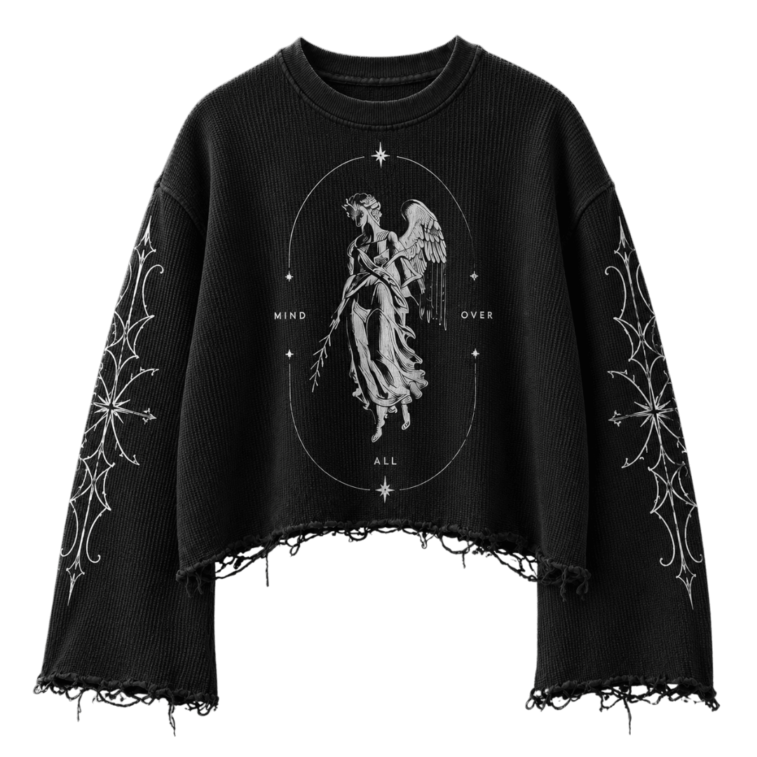 Black waffle-knit sweatshirt with angel graphic, long sleeves, and fringed hem
