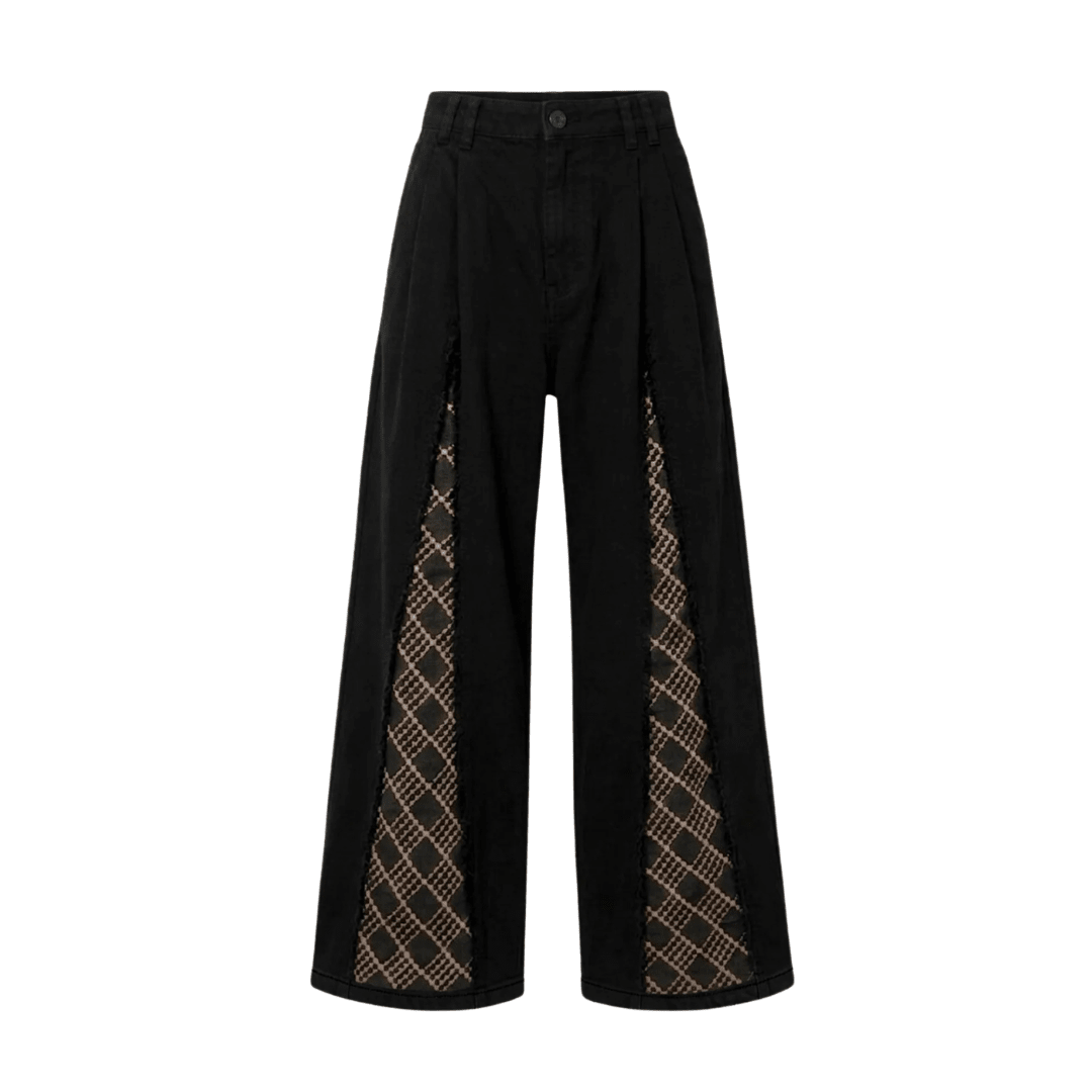 Black wide-leg denim jeans with button waistband and tan diamond side panels