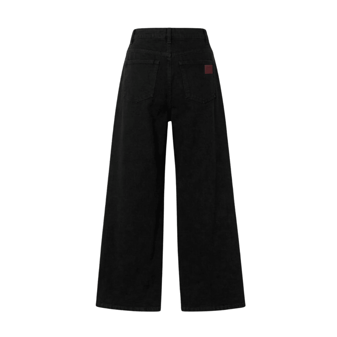 Black wide-leg denim jeans with two front pockets and back logo patch