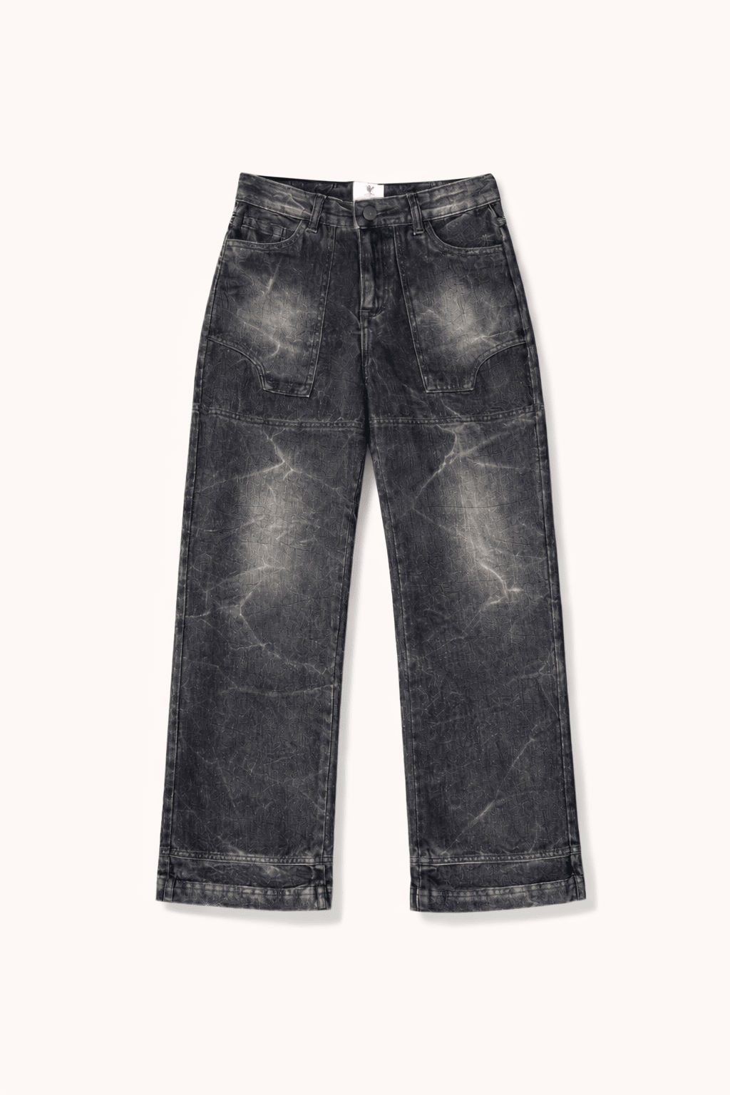 Dark wash utility denim jeans with straight fit, stitched cargo pockets, belt loops