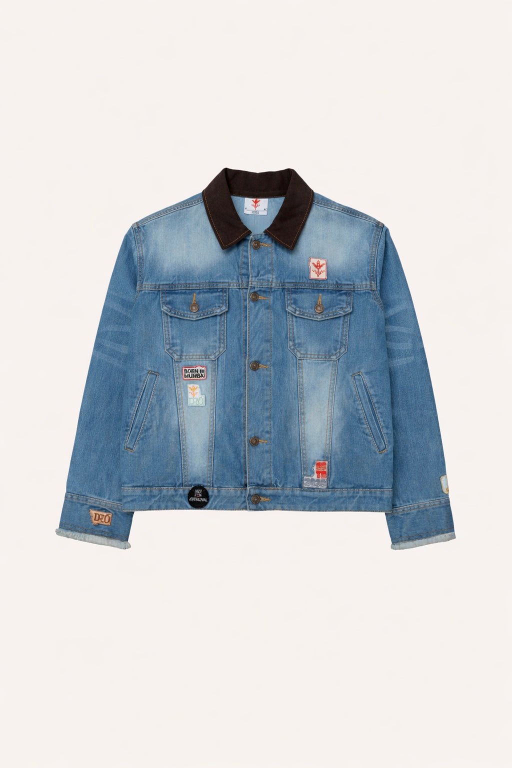 Blue denim jacket with brown collar, button front, front patch details.