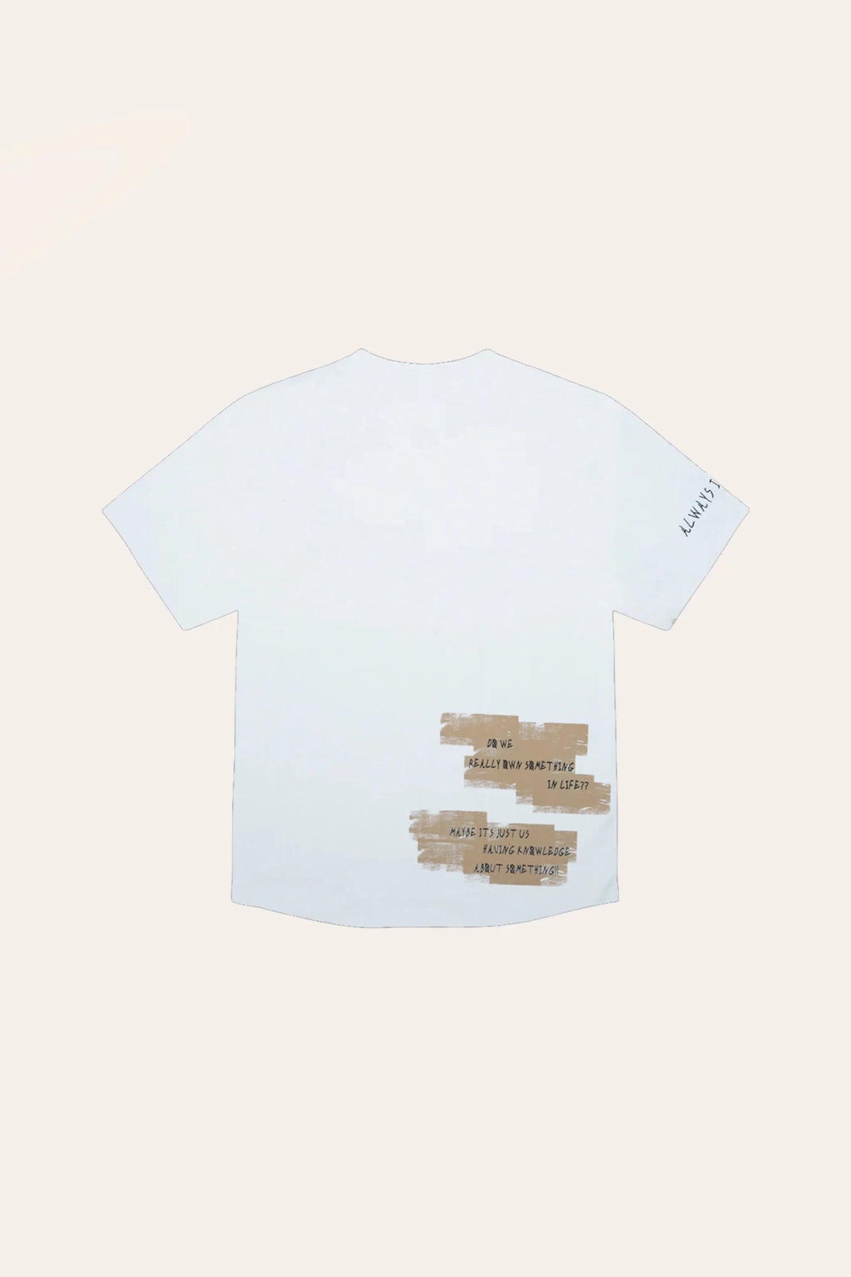 White graphic crewneck T-shirt with tan text print on back hem
