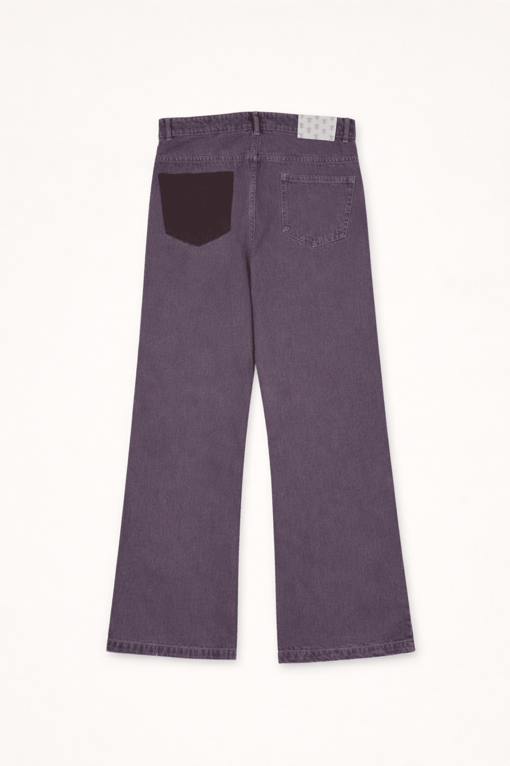 Carpenter denim jeans, muted purple with asymmetrical dark thigh panels and wide hem