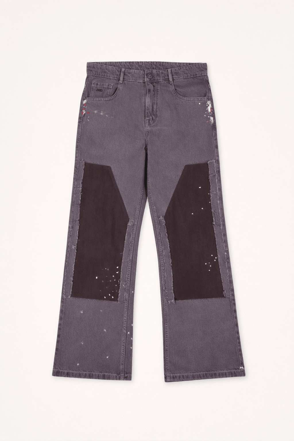 Carpenter denim jeans, muted purple with large dark patch panels and white speckle