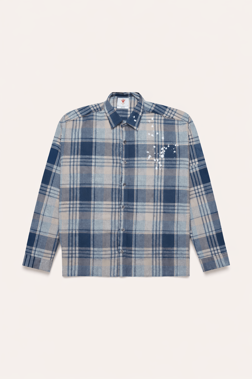 Plaid flannel button-up shirt with collar, light blue and navy check pattern