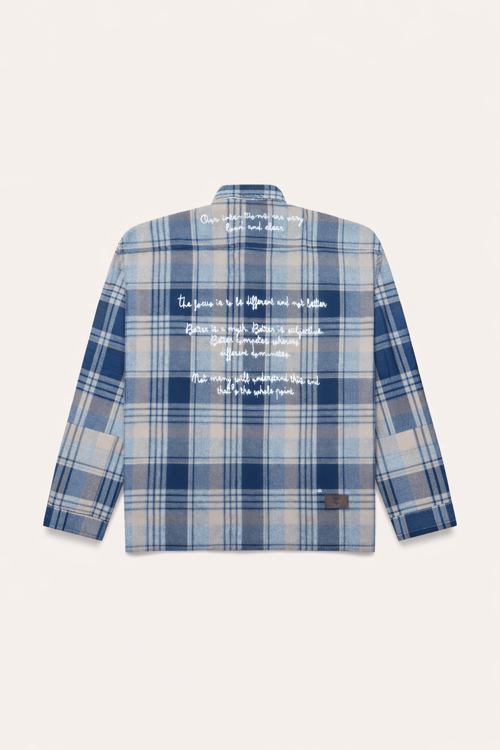 Back view plaid flannel button-up, light blue and navy check, white script graphic