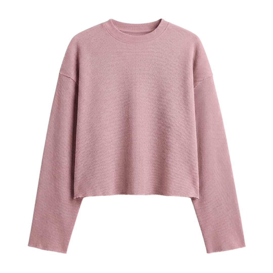 Dusty rose waffle knit long-sleeve crewneck cropped sweatshirt