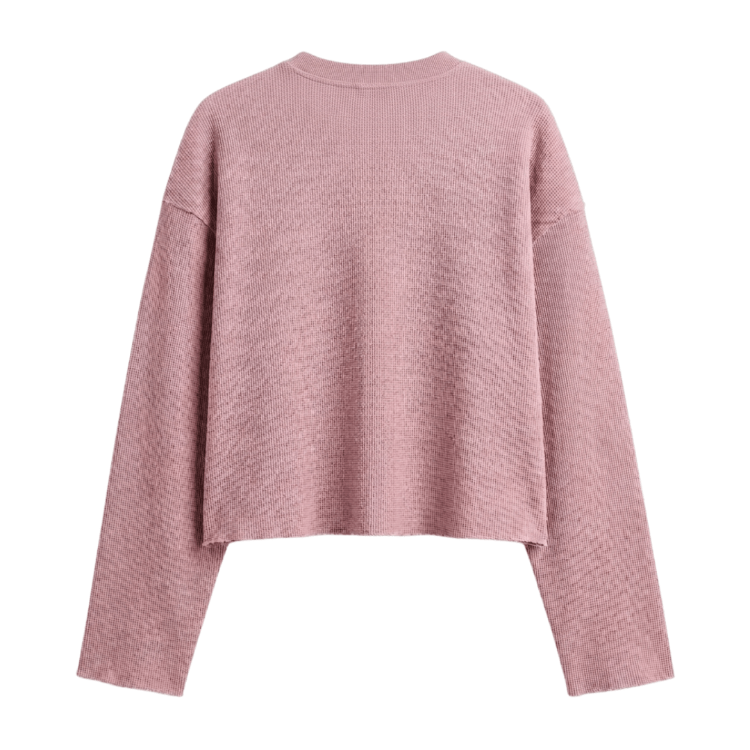 Dusty rose waffle knit long-sleeve crewneck cropped sweatshirt