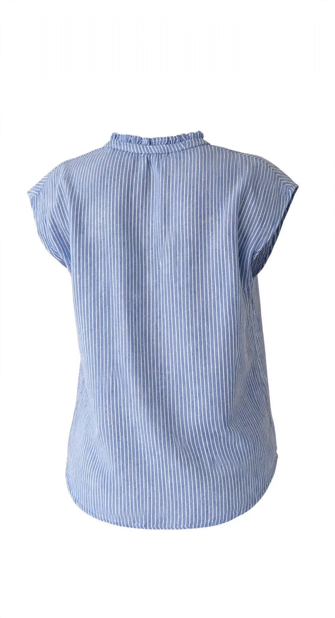 Back view of light blue striped sleeveless top with ruffled high neck