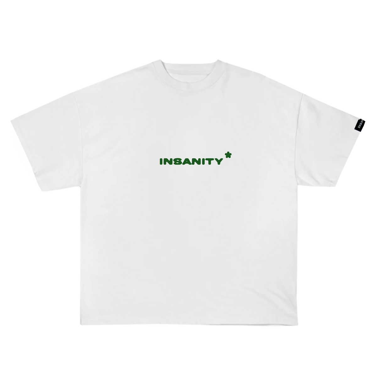 White short-sleeve T-shirt with green 'INSANITY' chest graphic