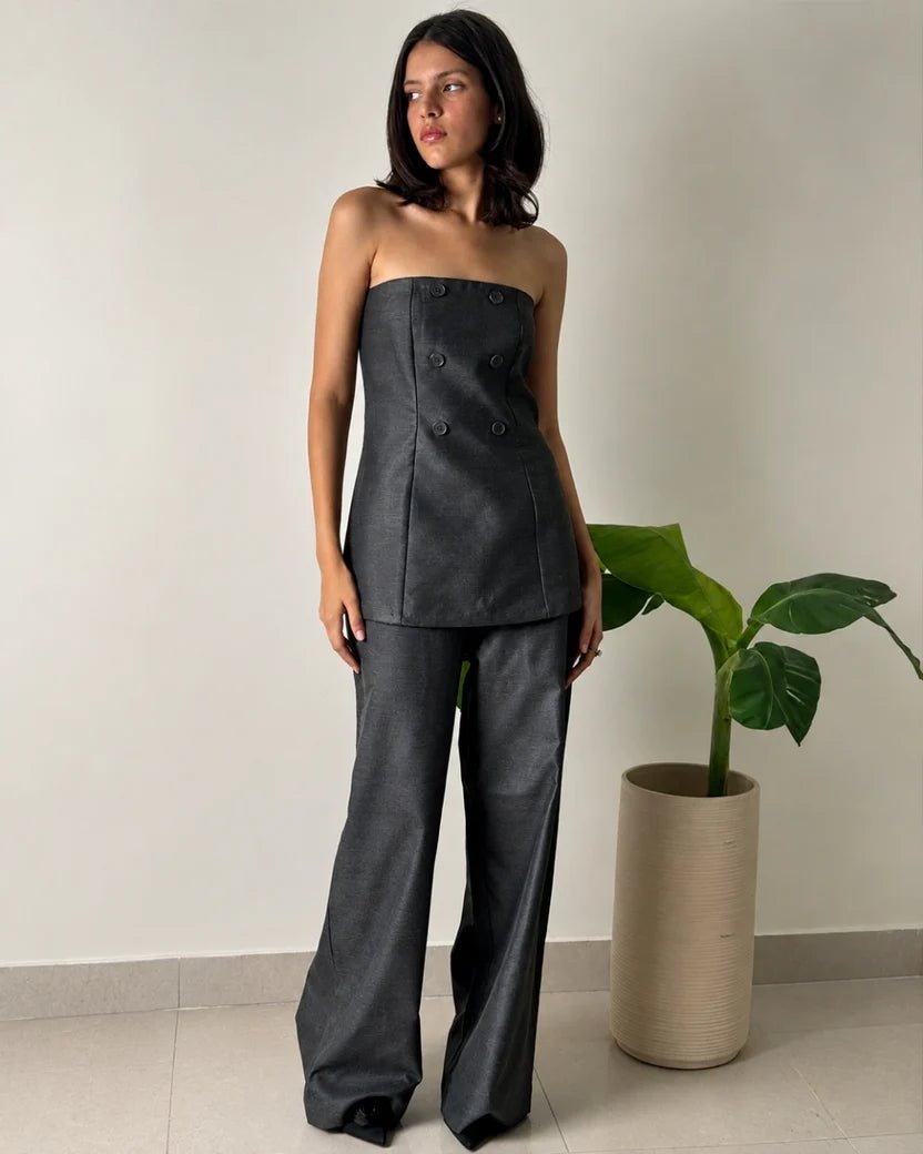 Charcoal strapless tailored co-ord set: peplum-style top and wide-leg trousers