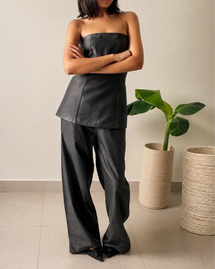 Charcoal strapless tailored top and wide-leg trousers co-ord set, sleeveless