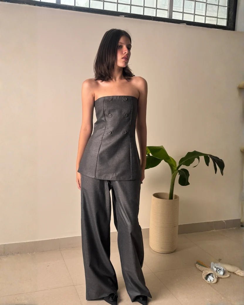 Charcoal strapless co-ord set with buttoned top and wide-leg trousers, 3/4 view