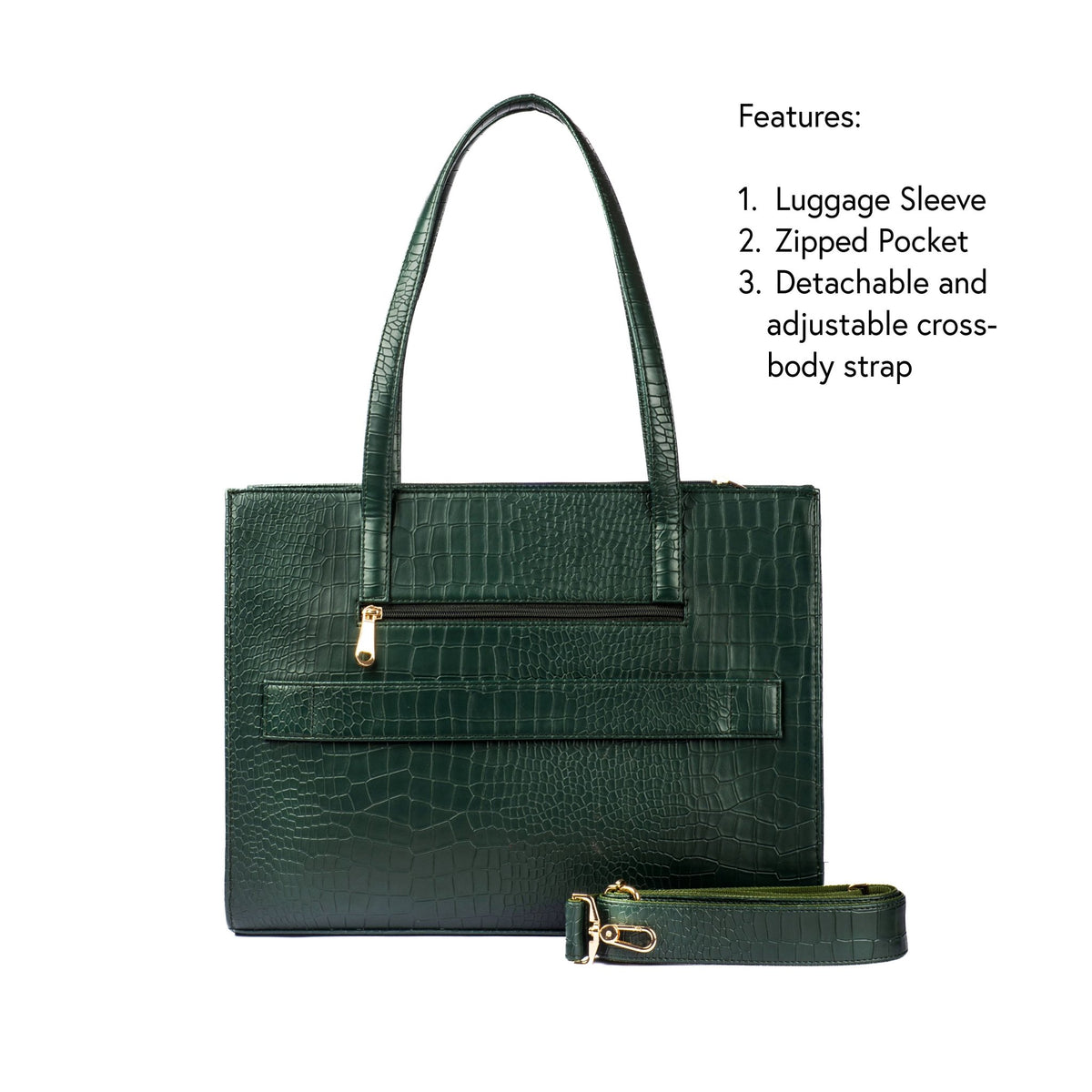 Emerald green croc-texture tote with top handles, front pocket, and crossbody strap