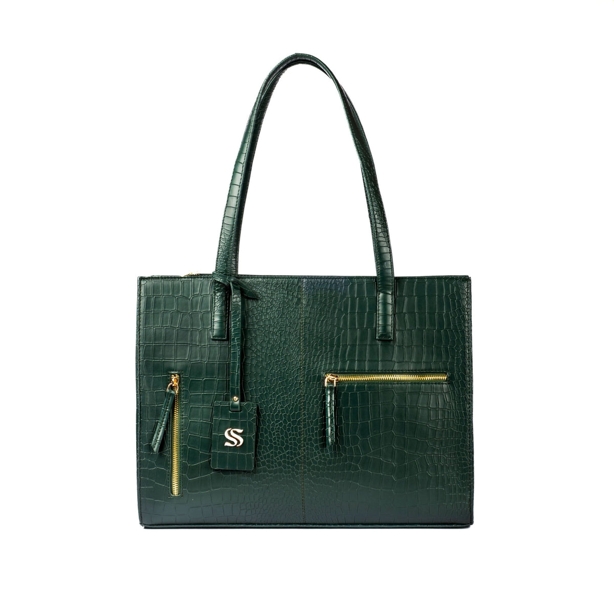 Emerald green croc-texture tote with gold zipper details and S logo key pouch